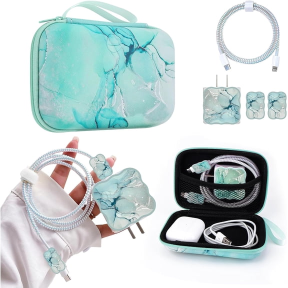 CameCosy DIY Phone Charger Cover Storage Sets USB Earphone Wire Saver Cable Organizer with Travel Storage Bag, Soft Cute Cable Protector Phone Charger Protector Compatible for iPhone(Green Marble)