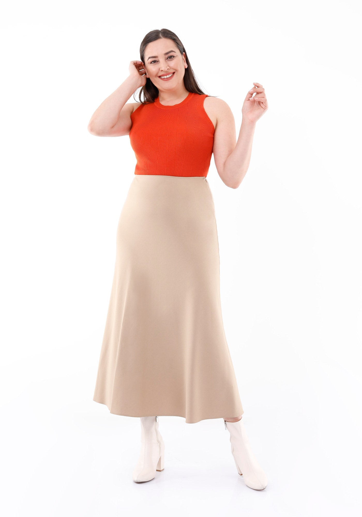 Basic A-Line Seamed Maxi Skirt-Camel