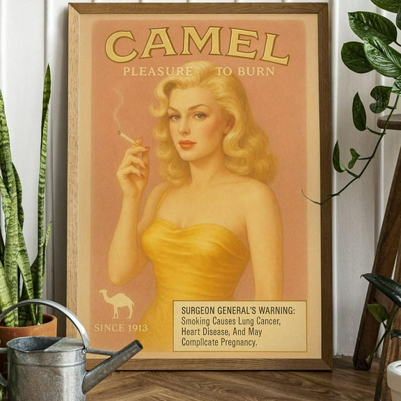Camel Ad - Pleasure To Burn - Bar Cart Print - Retro Tobacco Advertisement Poster - Nostalgic Wall Art - Vintage Home Bar Decor, UNFRAMED-8x12