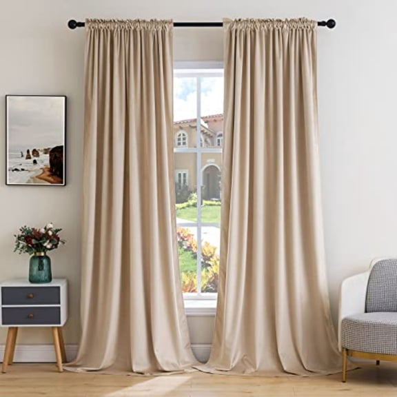 Camel Beige Velvet Curtains Thermal Insulated Blackout Curtain Drapes for Bedroom Living Room Darkening 84 Inches Long Curtains Panels Rod Pocket Set of 2