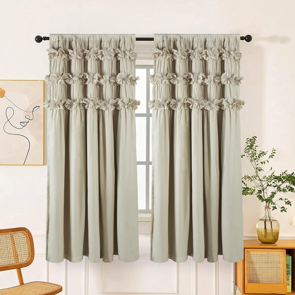Camel Blackout Curtains with Handmade Ruffles, Butterfly Flower Embellishments for Thermal Insulated Room Darkening Drapes, 42" W x 63" L (Pair) for Bedroom, Living Room (LQ-37)