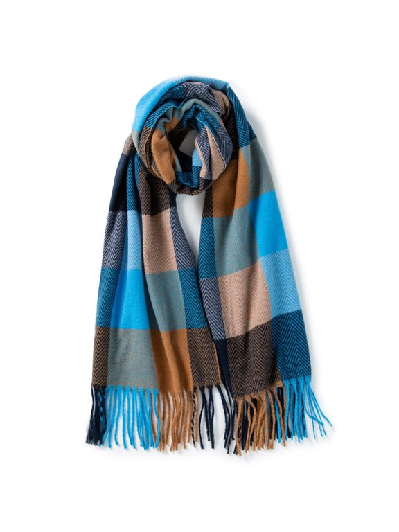 Camel & Blue Check Large Soft Thick Winter Plaid Scarf Shawl Wrap