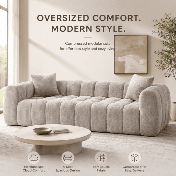 Camel Boucle Marshmallow Sofa 102.7", Oversized 4-Seat Couch with Deep Tufted Cushions, Rounded Arm Design and 2 Pillows