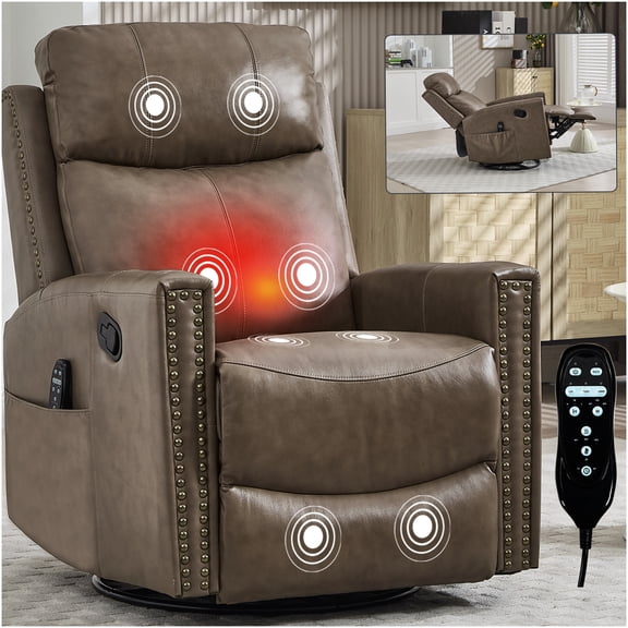 Camel Brown Genuine Leather Power Lift Recliner Chair with Heat Massage, Swivel Rocker for Living Room