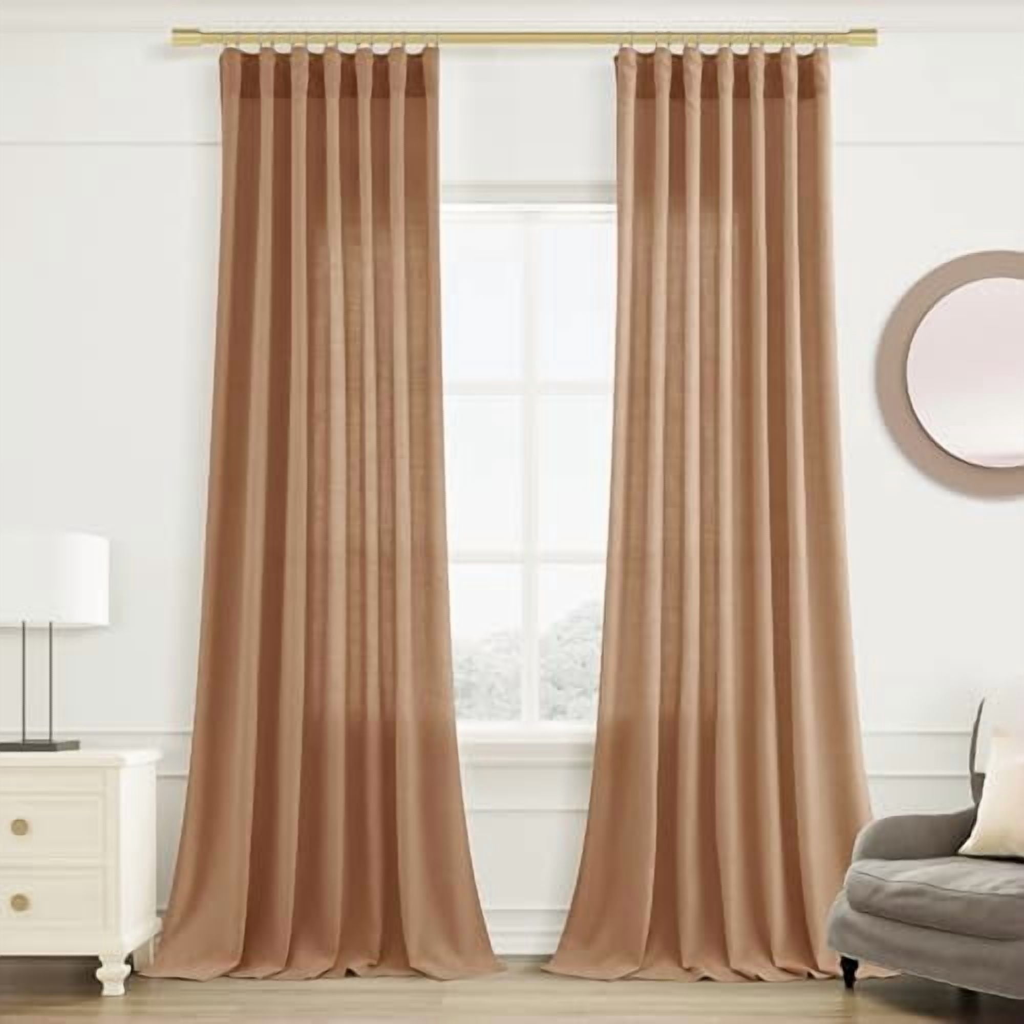 Camel Brown Linen Semi Sheer Curtains 90 Inches Length Light Filtering Neutral Farmhouse Boho Rod Pocket Back Tab Hook Belt Clip Rings Window Drapes for Bedroom Living Room 2 Panels 52x90