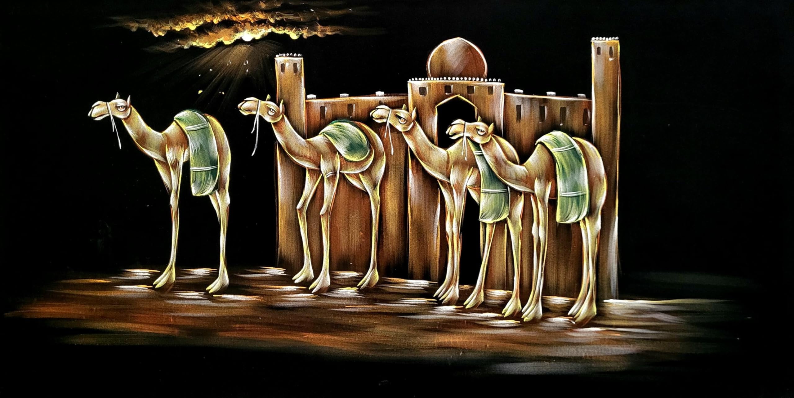 Camel Caravan and Desert Oasis with Arabic Touch Velvet Painting (122x60 cm) | Fabric Painting | Big Wall Art | Home Decor (Unframed)