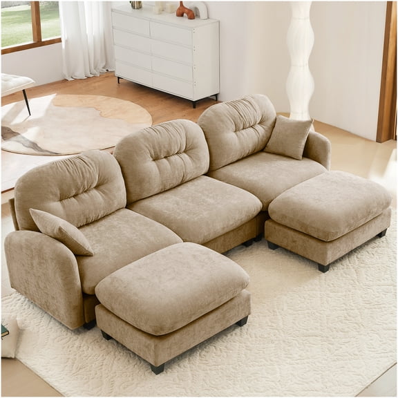 Camel Chenille Modular Sectional Couch with Tufted Back and Ottoman, 3-Seat U-Shape Sofa