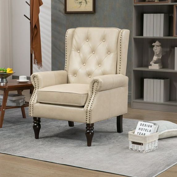 Camel Color Pu Leather Armchair, Wood Structure, For Bedroom & Living, Modern Accent Chair With And Foam Fill, 23.23'' Arm Height, Living Room