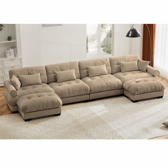 Camel-Colored U Shaped Sectional Sofa Cloud Couch & Movable Ottomans, 4-Seater Convertible Velvet with Armrest Support