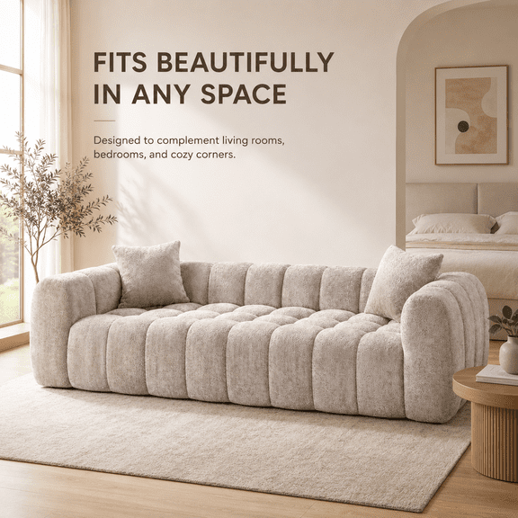 Camel Compressed Modular Sofa, 4-Seat Plush Boucle Couch, Deep Seat Cloud Comfort, Tufted Cushions, Rounded Armrests, No Assembly, Modern Living Room Sofa in a Box
