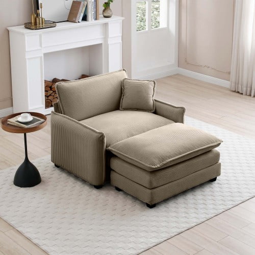 Camel Corduroy Deep Seat Accent Chair with Matching Footstool, Single Club Sofa Set with Throw Pillow, Retro Modern Upholstered Furniture for Living Room Bedroom