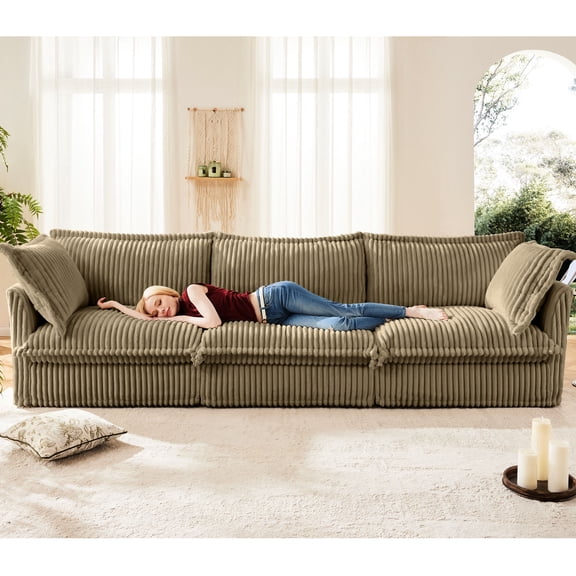 Camel Corduroy Modern Sofa | Removable Cover, Sturdy Build & Deep Seat | Home Theater