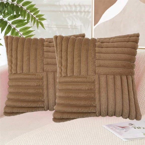Camel Cross Ribbed Faux Fur Throw Pillow Cover For Living Room Sofa Decor
