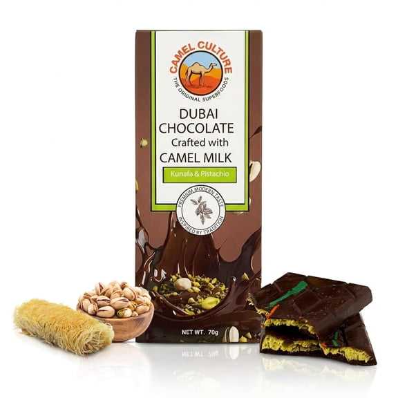 Camel Culture Dubai Milk Chocolate Velvety, Luxurious Camel Milk Chocolate Bar 70 g Kunafa & Roasted Pistachio Flavored Candy Bar - Tasty, Sweet Gift for Valentines, Birthdays, Holidays & More