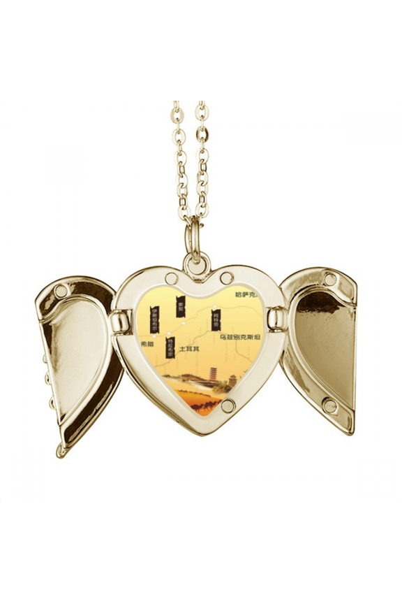 Camel Desert Along the Way to the Silk Road Map Folded Wings Peach Heart Pendant Necklace