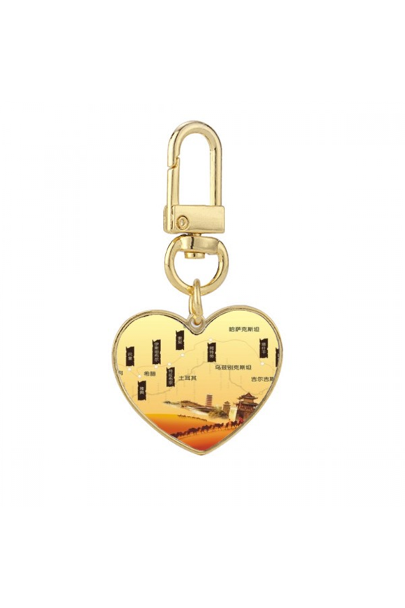 Camel Desert Along the Way to the Silk Road Map Gold Heart Keychain Metal Keyring Holder