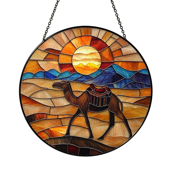 Camel in Desert Stained Glass Suncatcher, Animal Window Hanging Art, Round Decorative Glass Panel with Sunset and Sand Dunes, Unique Home Decor Gift for Nature Lovers