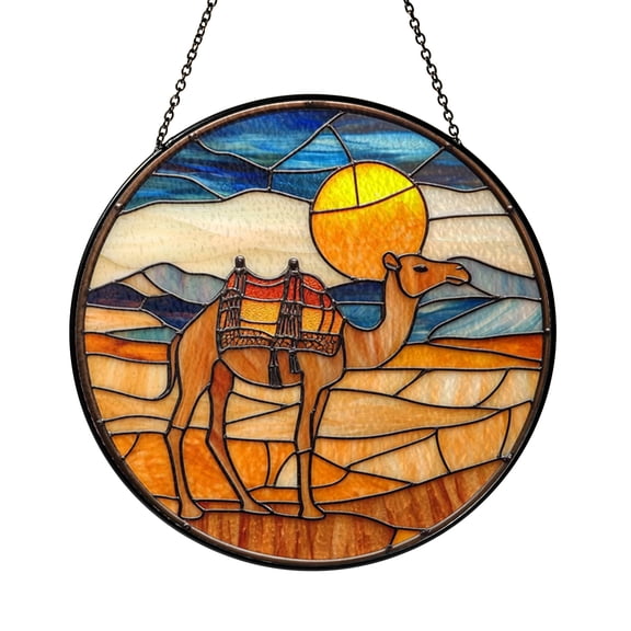 Camel in Desert Stained Glass Suncatcher Window Hanging, Sunset Over Sand Dunes and Mountains Round Glass Art Panel, Nature Inspired Desert Scene Window Decor, Decorative Hanging Ornament