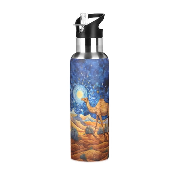 Camel Desert Starry Sky Sports Water Bottle with Straw Lid Insulated Stainless Steel Leak Proof BPA Free Thermal Mug with Handle for Gym Yoga Cycling Camping