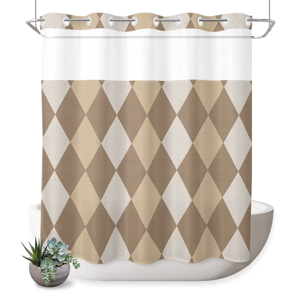 Camel Diamond No Hook Shower Curtain Classic Tan Ivory Rhombus Harlequin Diamond Grid Shower Curtain with See Through Top Window, Waterproof Washable Fabric Curtain for Bathroom Hotel Decor, 72Wx78L