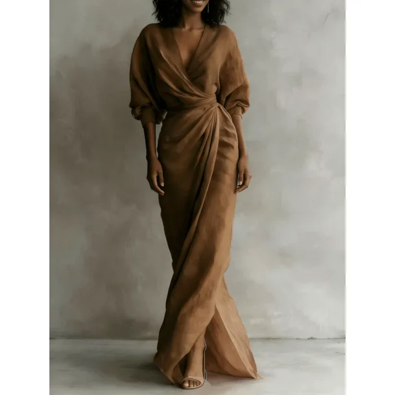 Camel Dress With V-Neck, Bubble Sleeves And Side Slit