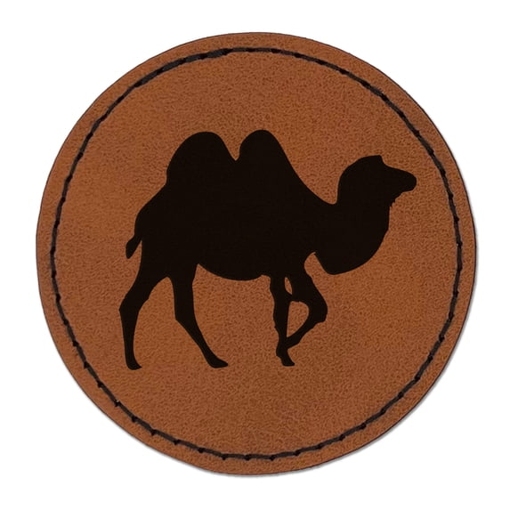 Camel Dromedary Silhouette 2.5" Faux Leather Round Engraved Iron-On Patch - Brown