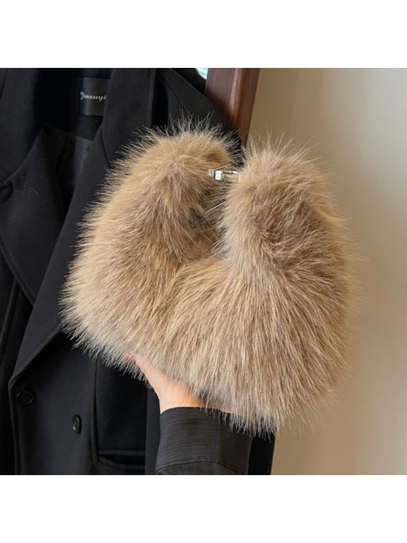 Camel Faux Fur Evening Bag for Women, Fluffy Plush Hobo Shoulder Bag, Cozy Soft Crossbody Handbag for Winter Party Date Night and Holiday Market, Camel
