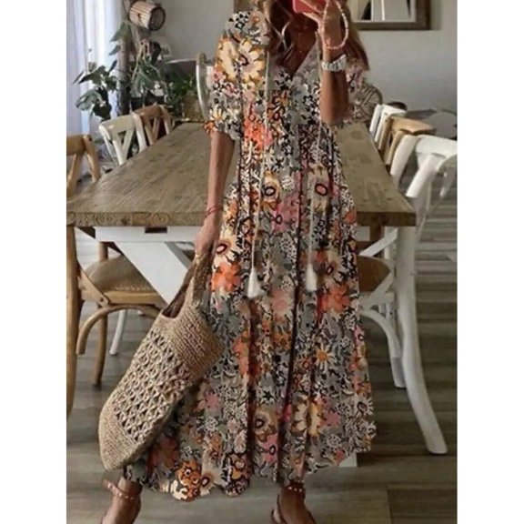 Camel Floral Print V-Neck Loose Midi Dress With Tassel Detail