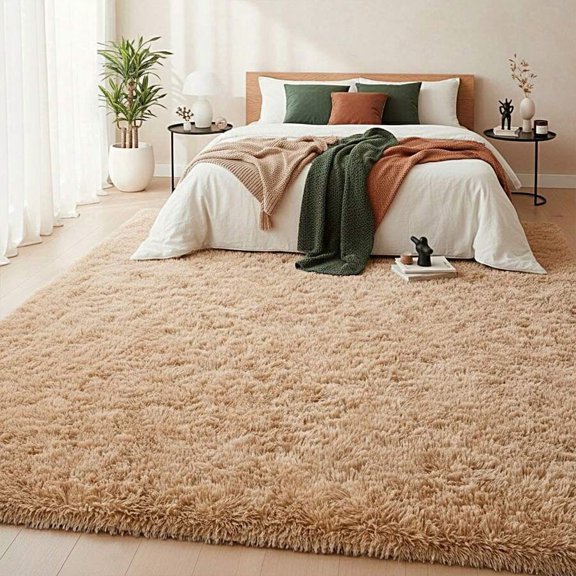 Camel Fluffy Shaggy Area Rug Non-Slip Soft Carpet