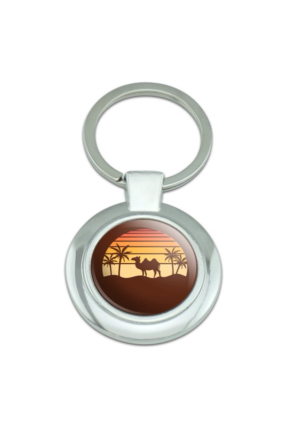 Camel In the Desert Sunset With Palm Trees Keychain Classy Round Chrome Plated Metal