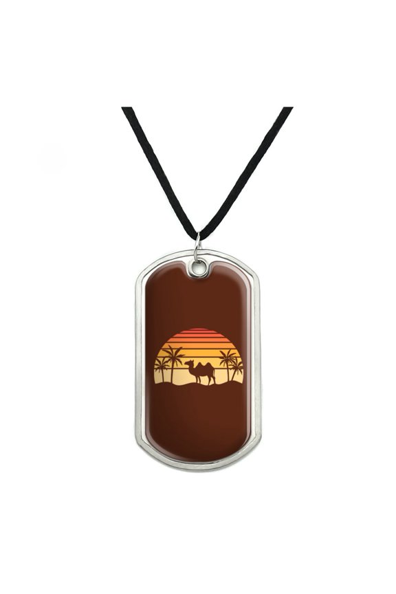 Camel In the Desert Sunset With Palm Trees Military Dog Tag Pendant Necklace with Cord