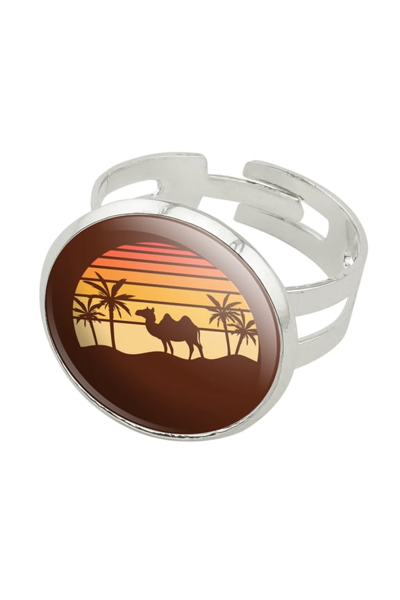 Camel In the Desert Sunset With Palm Trees Silver Plated Adjustable Novelty Ring