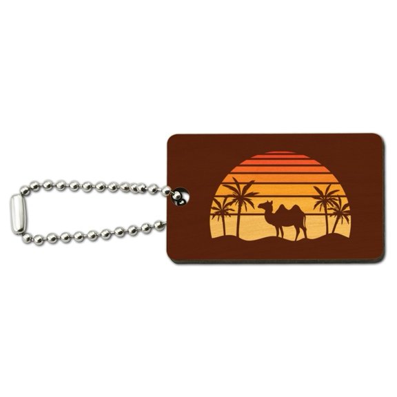 Camel In the Desert Sunset With Palm Trees Wood Wooden Rectangle Keychain Key Ring