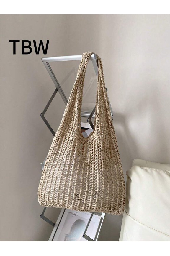 Camel Knitted Oversized Tote Bag, Shoulder Carry For Beach And Daily Use