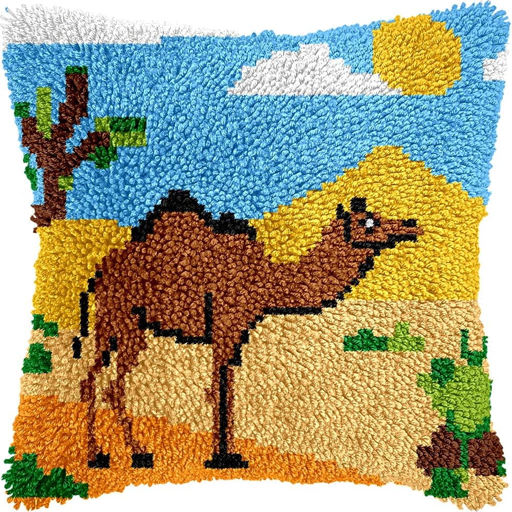 Camel Latch Hook Pillow Cover Kits for DIY Handmade Throw Pillow Cross Stitch Latch Hooking Pillowcase Kits with Preprinted Color Pattern Canvas Crochet Yarn Kits 17''X 17''(8-153)