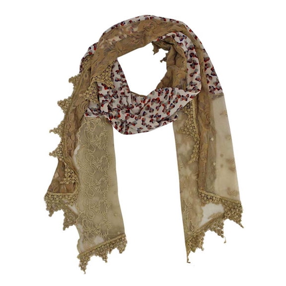 Camel Lightweight Lace Scarf With Bow Print