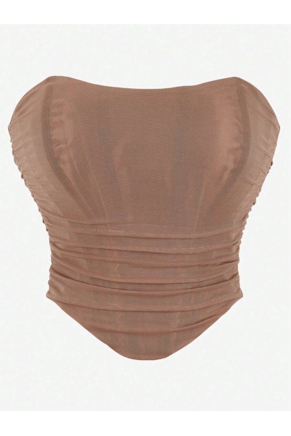 Camel Mesh Strapless Corset Top With Ruched Waist Sculpting Bustier