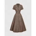 thumbnail image 1 of Camel Mid-Length Shirt Dress With Notch Lapel, Belted Waist, And Short Sleeves, 1 of 4