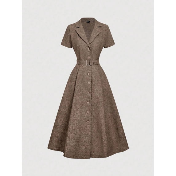 Camel Mid-Length Shirt Dress With Notch Lapel, Belted Waist, And Short Sleeves