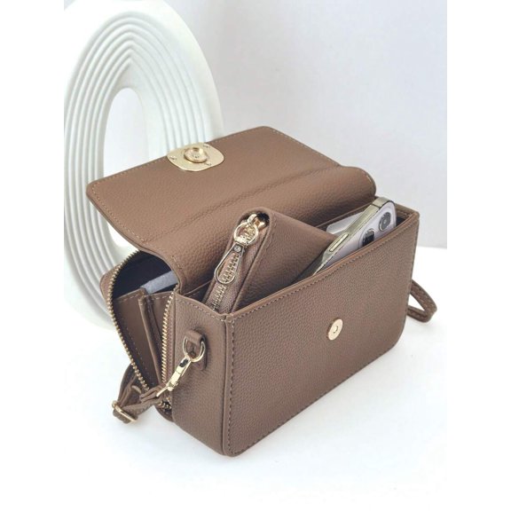 Camel Mini Crossbody Phone Wallet With Double Zipper And Shoulder Strap