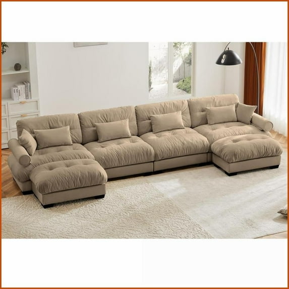 Camel Modern 4-Seater U-Shaped Velvet Sectional Sofa with Movable Ottomans | Velvet | Round Arms | Cushion Back