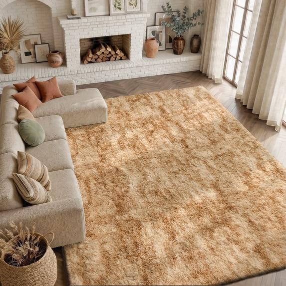 Pentantan 5ft x 8ft Shag Area Rug, Soft Fluffy Rugs for Living Room Bedroom, Modern Tie-dye Home Carpet, Camel
