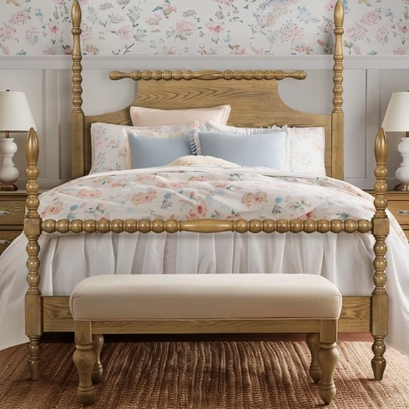 Camel Oak Finish - Dramatic Turned Post Bed - Queen - Fits Standard Mattress