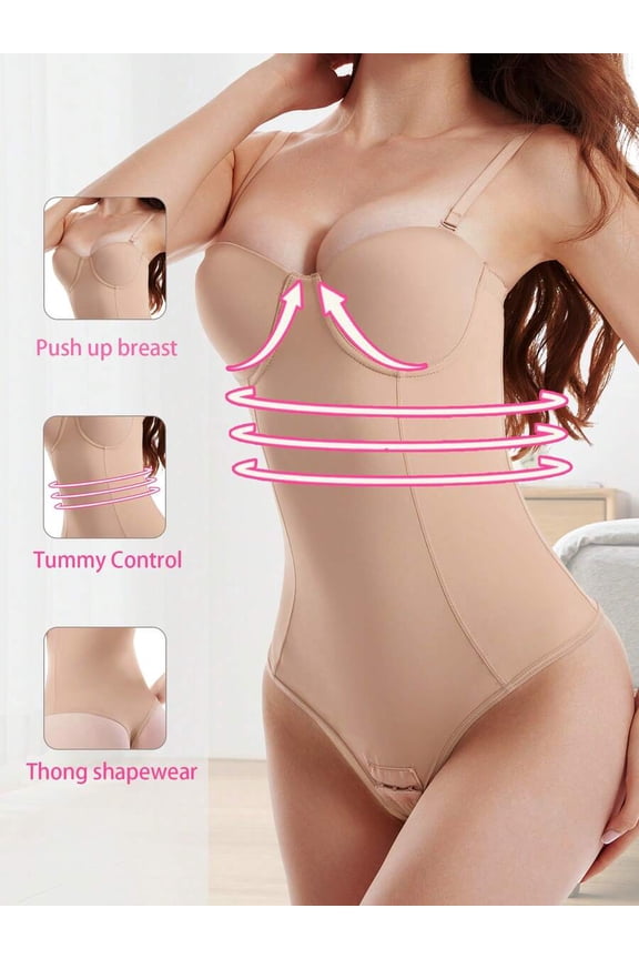 Camel One-Piece Shapewear Bodysuit With Push-Up Bra And Thong