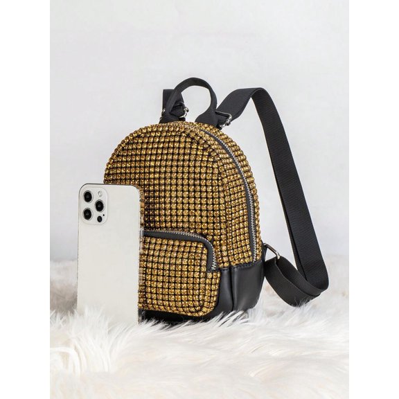 Camel Rhinestone Mini Backpack With Front Pocket And Adjustable Straps
