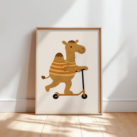 Camel Riding Scooter Print: Boho Nursery Wall Art #75, Stretched Canvas Size 12x18