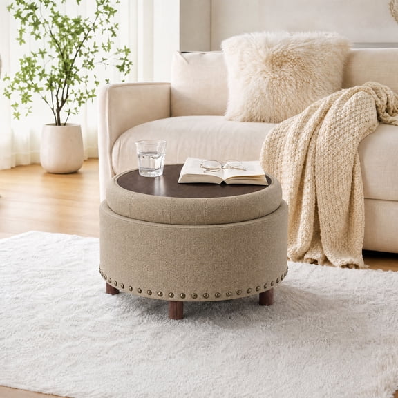 Camel Round Ottoman with Storage and Reversible Tray, Upholstered Wood Footrest Coffee Table for Living Room, Bedroom, Entryway-25 Inch