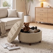 AFO Round Ottoman with Storage and Tray, Upholstered Footrest Stool with Reversible Lid, 25 Inch Seat for Bedroom Living Room Entryway, Camel