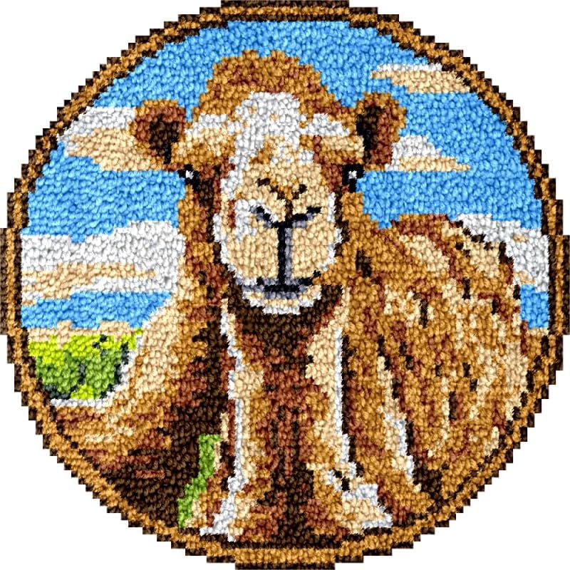 Camel Round Shape Latch Hook Rug Kits Set for Starter Crochet Hook Cushion Mat Sofa Seat Cushion Crocheting Kits with Preprinted Canvas Crochet Yarn Kits 50X50CM (fi20)