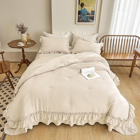 Camel Ruffle Comforter Set Queen, 3 Pieces Vintage Ruffle Fringe Comforter, Farmhouse Rustic Microfiber Down Alternative Bedding (1 Comforter + 2 Pillow Shams)